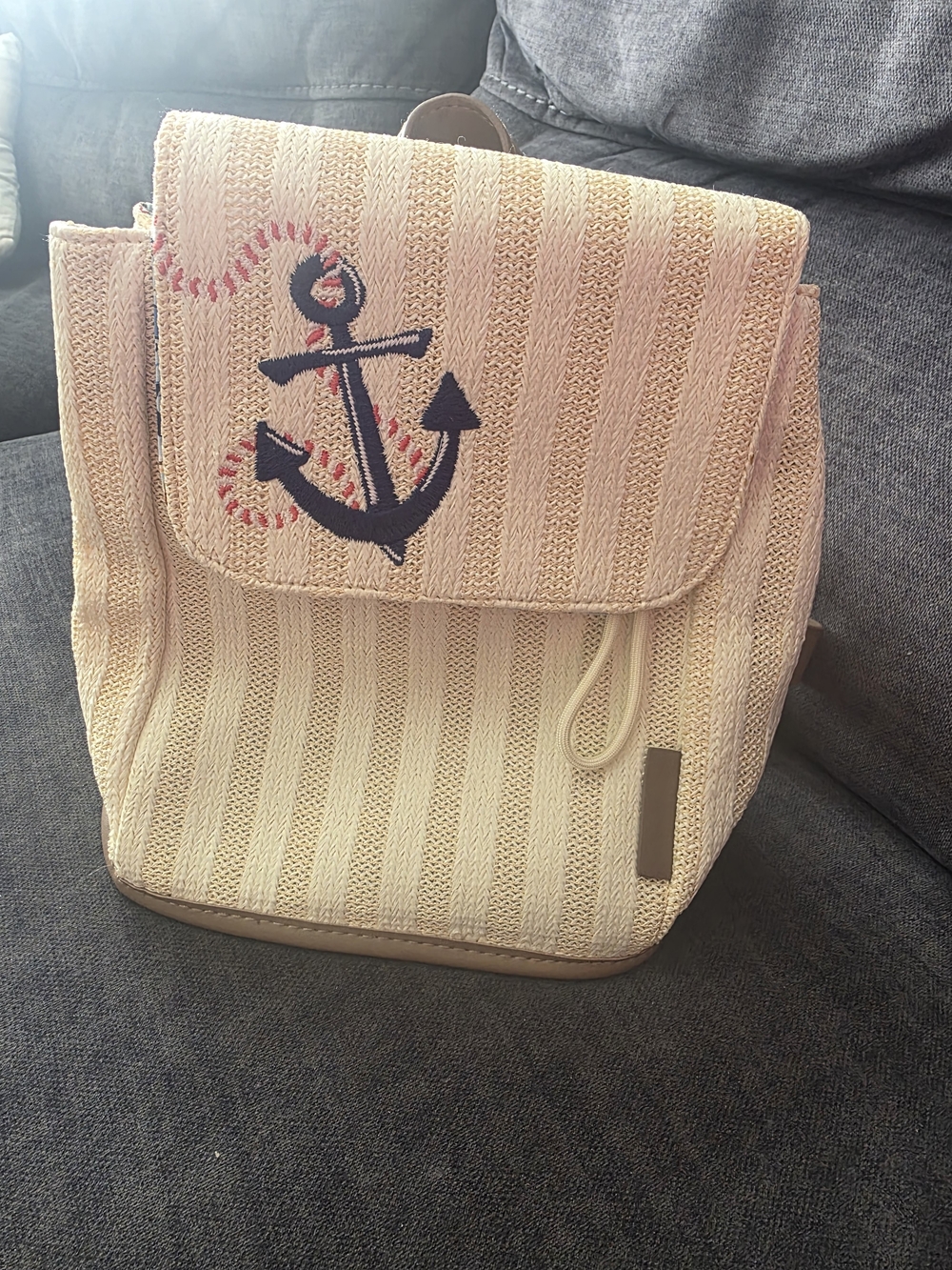 Vera Bradley Straw-Textured Mini Beige Backpack with Navy Anchor Embroidery